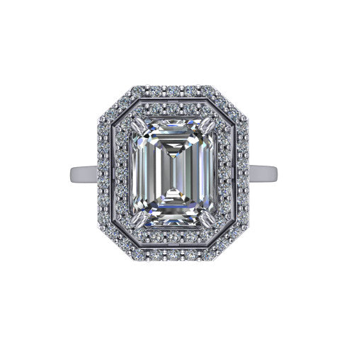 Gwendolyn emerald halo engagement ring in Platinum, top-down view showing the step-cut emerald center diamond framed by two concentric pave diamond halos