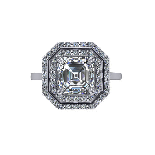 Gwendolyn square emerald halo engagement ring in 14K White Gold, top-down view showing the step-cut square emerald center diamond framed by two concentric pave diamond halos