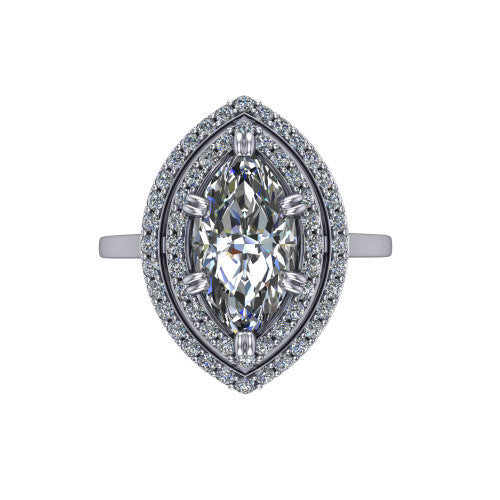 Gwendolyn marquise halo engagement ring in 14K White Gold, top-down view showing the brilliant marquise center diamond framed by two concentric pave diamond halos