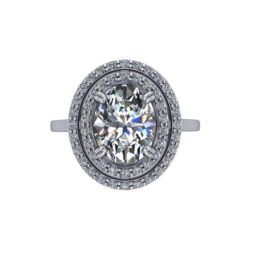 Gwendolyn oval halo engagement ring in 18K White Gold, top-down view showing the brilliant oval center diamond framed by two concentric pave diamond halos