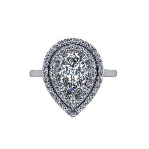 Gwendolyn pear halo engagement ring in 18K White Gold, top-down view showing the brilliant pear-cut center diamond framed by two concentric pave diamond halos