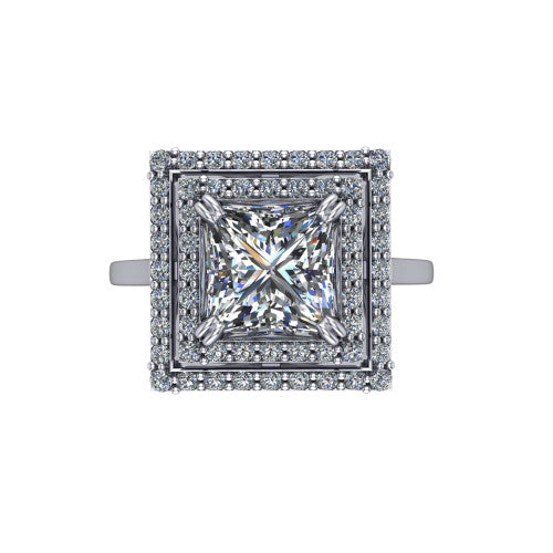 Gwendolyn princess halo engagement ring in 18K White Gold, top-down view showing the brilliant princess-cut center diamond framed by two concentric pave diamond halos