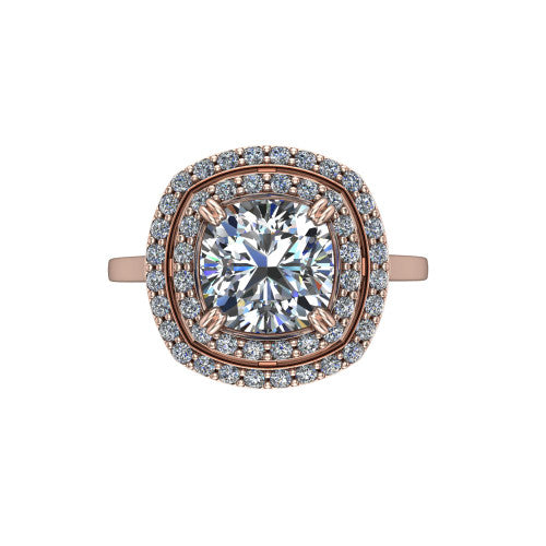 Gwendolyn cushion halo engagement ring in 14K Rose Gold, top-down view showing the brilliant cushion-cut center diamond framed by two concentric pave diamond halos