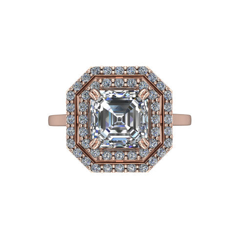 Gwendolyn square emerald halo engagement ring in 18K Rose Gold, top-down view showing the step-cut square emerald center diamond framed by two concentric pave diamond halos