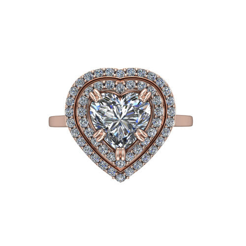 Gwendolyn heart halo engagement ring in 14K Rose Gold, top-down view showing the brilliant heart-shaped center diamond framed by two concentric pave diamond halos