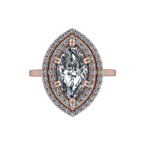 Gwendolyn marquise halo engagement ring in 14K Rose Gold, top-down view showing the brilliant marquise center diamond framed by two concentric pave diamond halos