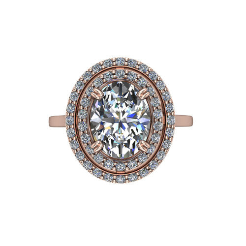 Gwendolyn oval halo engagement ring in 14K Rose Gold, top-down view showing the brilliant oval center diamond framed by two concentric pave diamond halos