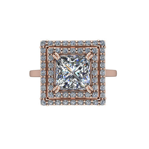 Gwendolyn princess halo engagement ring in 14K Rose Gold, top-down view showing the brilliant princess-cut center diamond framed by two concentric pave diamond halos