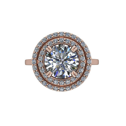 Gwendolyn round halo engagement ring in 14K Rose Gold, top-down view showing the brilliant round center diamond framed by two concentric pave diamond halos