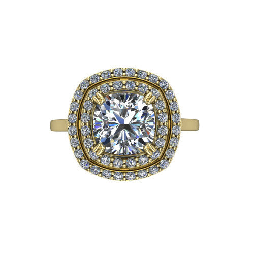 Gwendolyn cushion halo engagement ring in 14K Yellow Gold, top-down view showing the brilliant cushion-cut center diamond framed by two concentric pave diamond halos