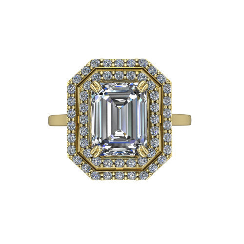 Gwendolyn emerald halo engagement ring in 18K Yellow Gold, top-down view showing the step-cut emerald center diamond framed by two concentric pave diamond halos