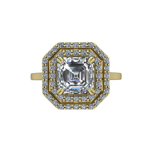 Gwendolyn square emerald halo engagement ring in 18K Yellow Gold, top-down view showing the step-cut square emerald center diamond framed by two concentric pave diamond halos