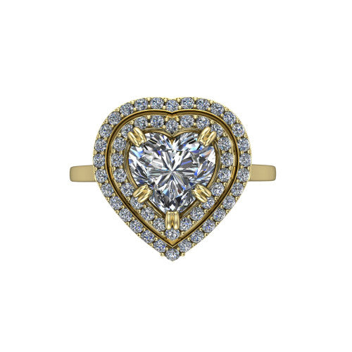 Gwendolyn heart halo engagement ring in 18K Yellow Gold, top-down view showing the brilliant heart-shaped center diamond framed by two concentric pave diamond halos