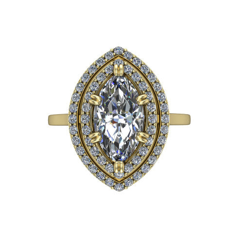 Gwendolyn marquise halo engagement ring in 14K Yellow Gold, top-down view showing the brilliant marquise center diamond framed by two concentric pave diamond halos