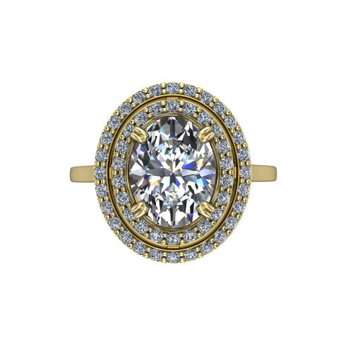 Gwendolyn oval halo engagement ring in 18K Yellow Gold, top-down view showing the brilliant oval center diamond framed by two concentric pave diamond halos