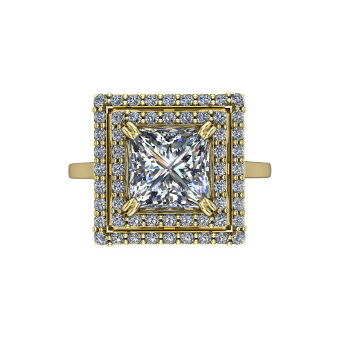 Gwendolyn princess halo engagement ring in 18K Yellow Gold, top-down view showing the brilliant princess-cut center diamond framed by two concentric pave diamond halos