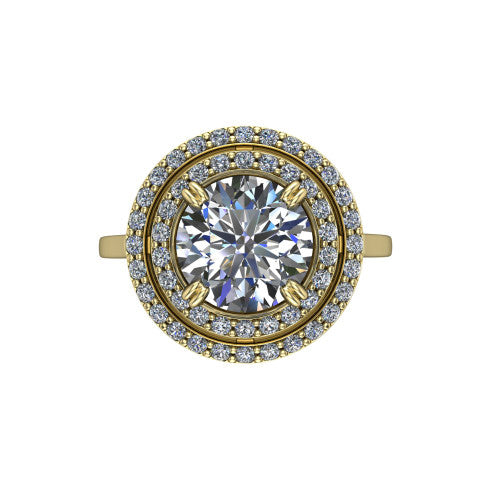 Gwendolyn round halo engagement ring in 14K Yellow Gold, top-down view showing the brilliant round center diamond framed by two concentric pave diamond halos