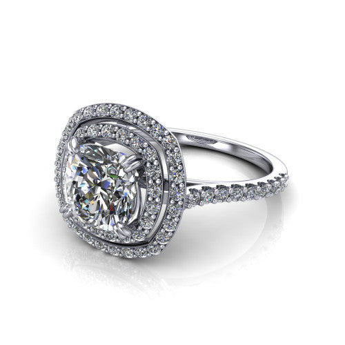 Trinity Cushion Shape Halo Engagement Ring in 14K White Gold
