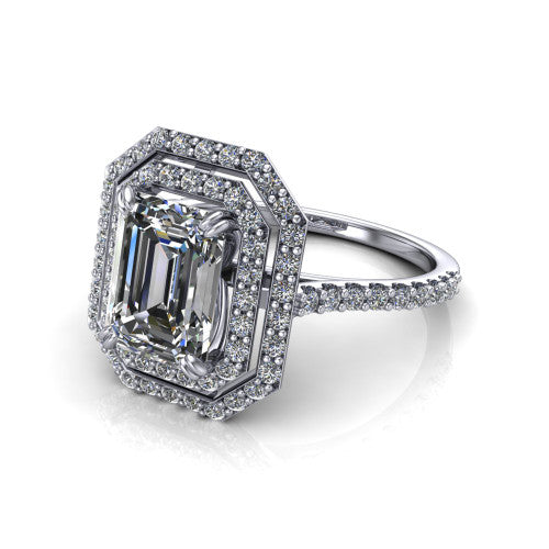 Trinity Emerald Shape Halo Engagement Ring in 18K White Gold