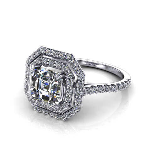 Trinity Square Emerald Shape Halo Engagement Ring in 18K White Gold