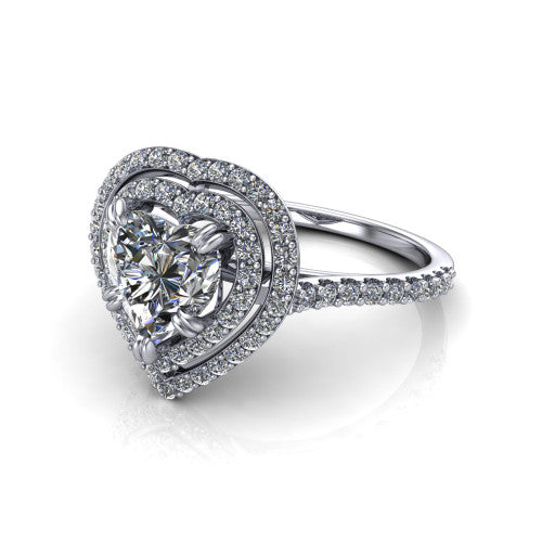 Trinity Heart Shape Halo Engagement Ring in Platinum