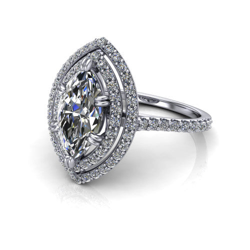 Trinity Marquise Shape Halo Engagement Ring in Platinum