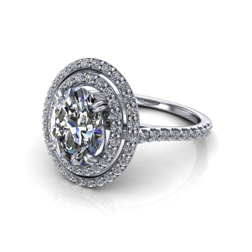 Trinity Oval Shape Halo Engagement Ring in Platinum