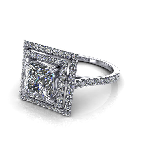 Trinity Princess Shape Halo Engagement Ring in 14K White Gold