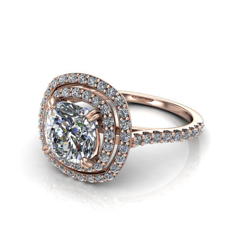 Trinity Cushion Shape Halo Engagement Ring in 14K Rose Gold
