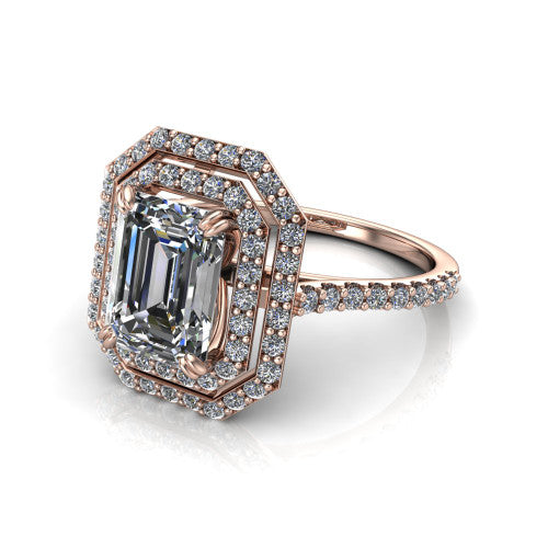 Trinity Emerald Shape Halo Engagement Ring in 14K Rose Gold