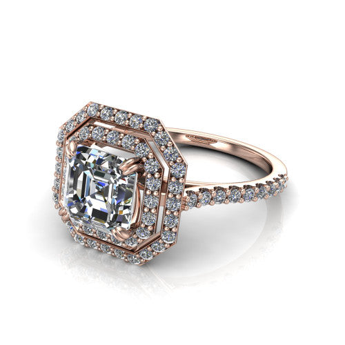 Trinity Square Emerald Shape Halo Engagement Ring in 18K Rose Gold
