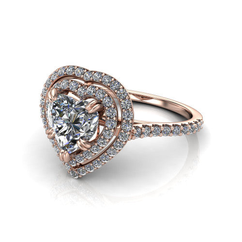 Trinity Heart Shape Halo Engagement Ring in 18K Rose Gold