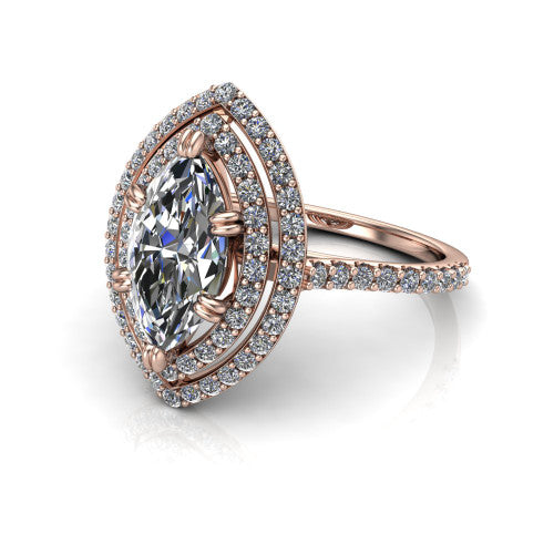 Trinity Marquise Shape Halo Engagement Ring in 14K Rose Gold