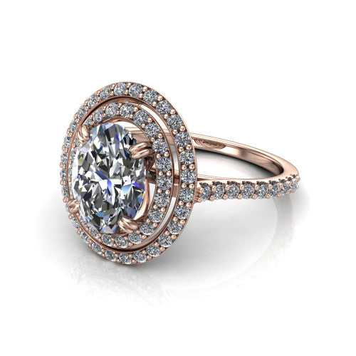 Trinity Oval Shape Halo Engagement Ring in 14K Rose Gold
