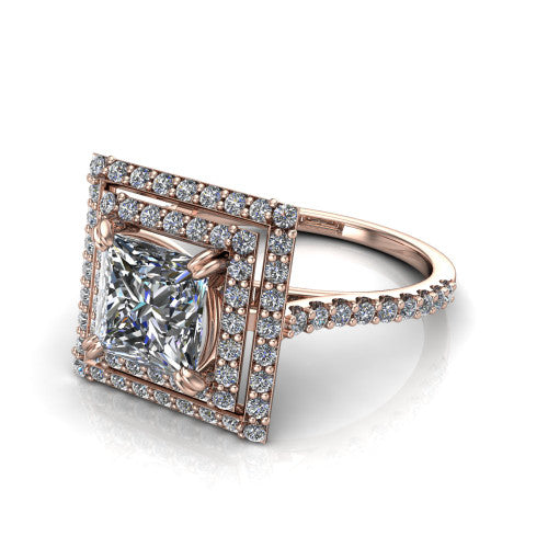 Trinity Princess Shape Halo Engagement Ring in 18K Rose Gold
