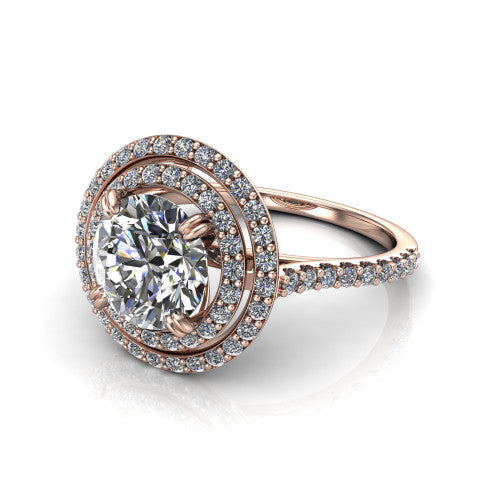 Trinity Round Shape Halo Engagement Ring in 14K Rose Gold
