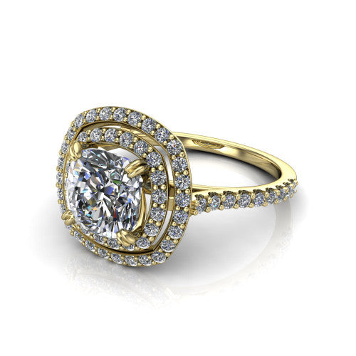 Trinity Cushion Shape Halo Engagement Ring in 18K Yellow Gold