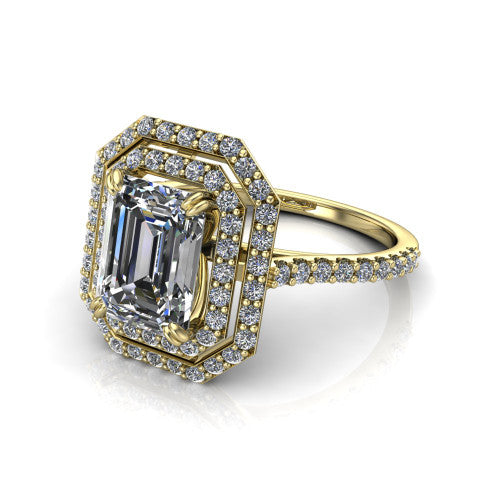 Trinity Emerald Shape Halo Engagement Ring in 18K Yellow Gold