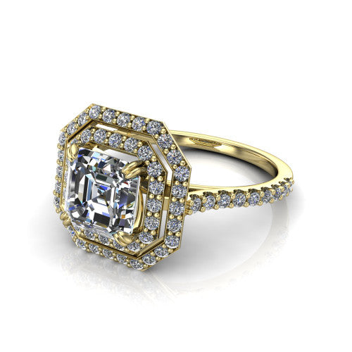 Trinity Square Emerald Shape Halo Engagement Ring in 18K Yellow Gold