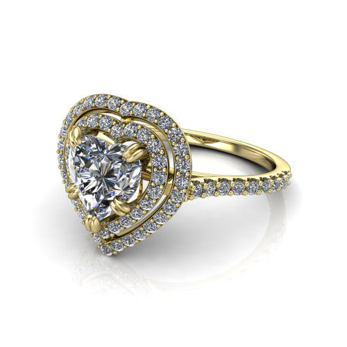 Trinity Heart Shape Halo Engagement Ring in 14K Yellow Gold