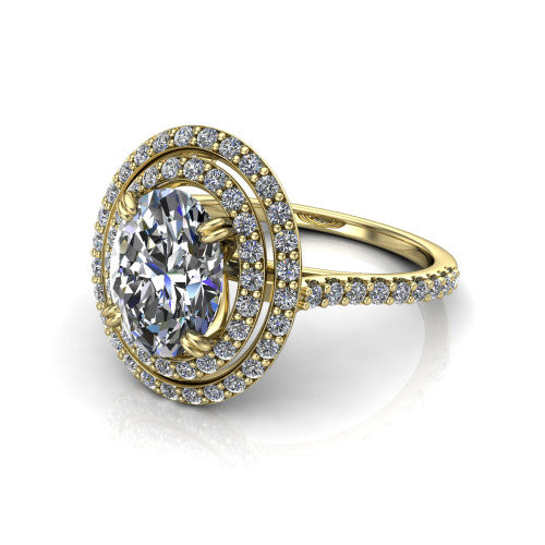 Trinity Oval Shape Halo Engagement Ring in 18K Yellow Gold