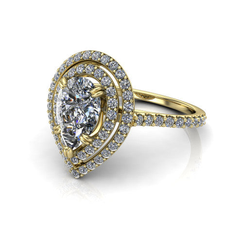 Trinity Pear Shape Halo Engagement Ring in 14K Yellow Gold
