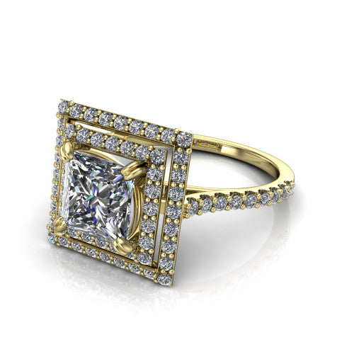 Trinity Princess Shape Halo Engagement Ring in 18K Yellow Gold