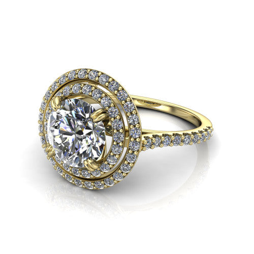 Trinity Round Shape Halo Engagement Ring in 14K Yellow Gold
