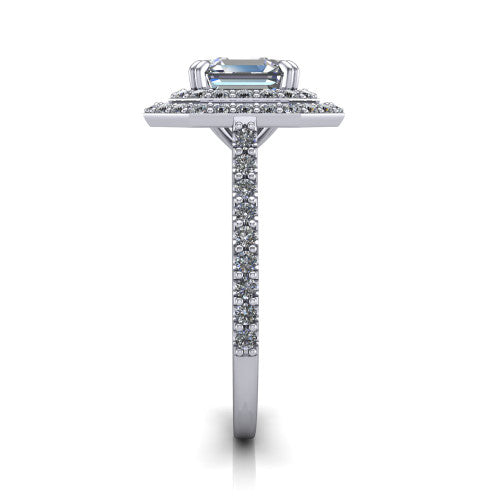 Trinity Square Emerald Shape Halo Engagement Ring in 14K White Gold
