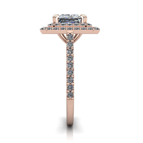 Trinity Princess Shape Halo Engagement Ring in 14K Rose Gold
