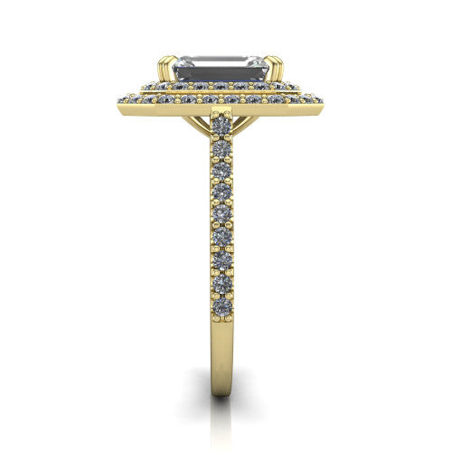 Trinity Emerald Shape Halo Engagement Ring in 18K Yellow Gold