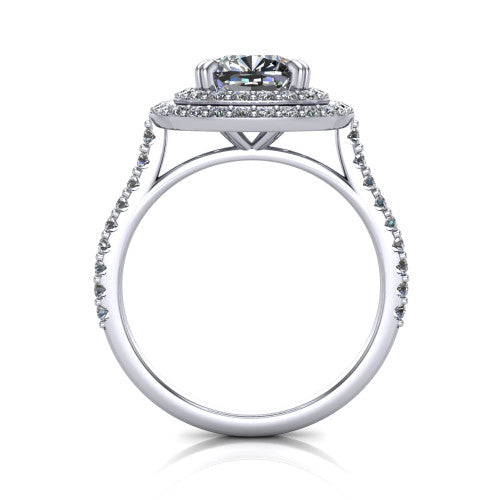 Trinity Cushion Shape Halo Engagement Ring in 14K White Gold