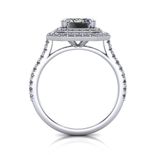 Trinity Emerald Shape Halo Engagement Ring in 18K White Gold