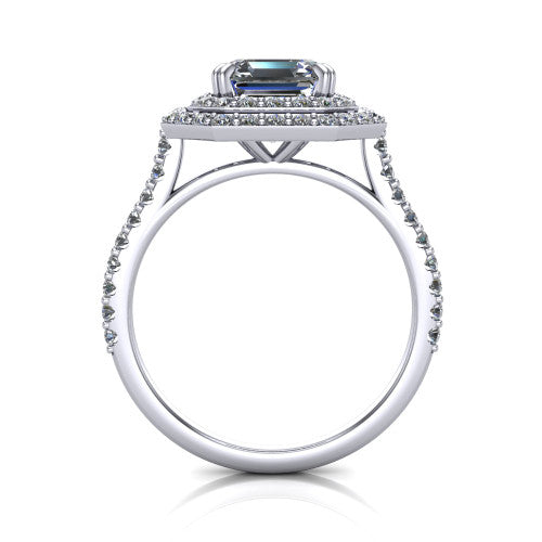 Trinity Square Emerald Shape Halo Engagement Ring in 18K White Gold